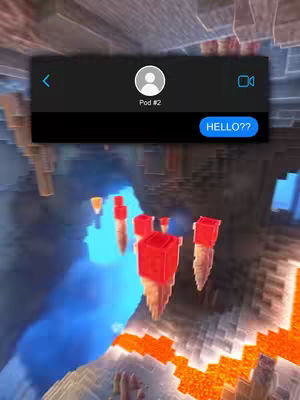 The image showcases a simulated phone screen overlayed onto a stylized, Minecraft-esque environment. Across the top, a black bar mimics an iPhone call screen with a profile icon displaying a generic person on the left and a video call icon on the right. Below, in a black message bubble, the text 'HELLO??' is displayed in a blue color. The background depicts a rocky, canyon-like landscape with pixelated textures, lava and blue glowing.