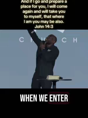 A man in a black suit is speaking into a microphone with his right arm raised. Above him is text, with the words "WHEN WE ENTER" in a bold font at the bottom of the image.