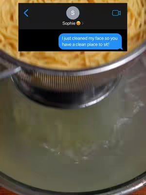 The cover image shows an iPhone text message conversation, with a black background and blue chat bubble. A top-down close-up is also showcased, containing spaghetti noodles and a metal strainer.