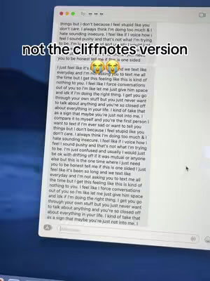 A screenshot of a message exchange displayed on a computer screen, with a text overlay at the top reading, "not the cliffnotes version." The background is a blurred dark-blue.
