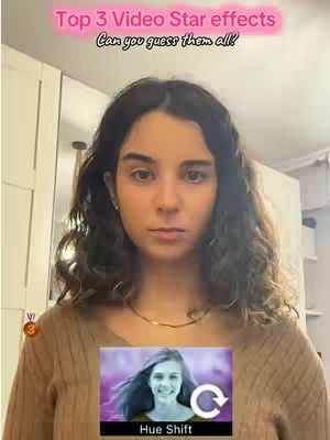A woman looks directly at the camera, centered in the frame, with a light-colored top. The background features neutral tones, and floating above the woman's head is a pink oval-shaped text box that reads 'Top 3 Video Star effects, Can you guess them all?'. At the bottom, a smaller box showcases an image with a woman's face, a purple filter, and the words 'Hue Shift'.