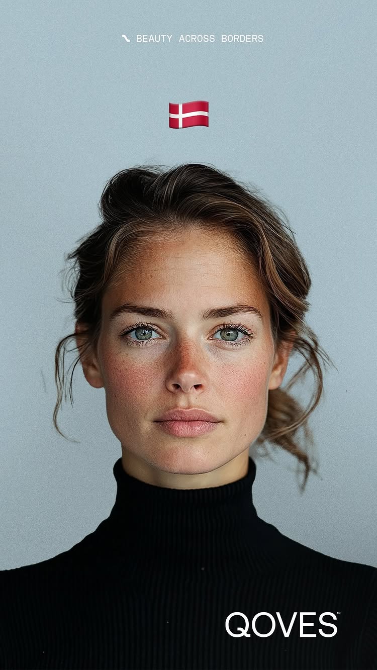 A portrait of a woman with light skin, light green eyes, and freckles on her cheeks and nose. She is wearing a black turtleneck and her light brown hair is pulled back in a casual style. The background is a solid light blue-gray. The image has a clean, minimalist aesthetic with focus on the woman's face.