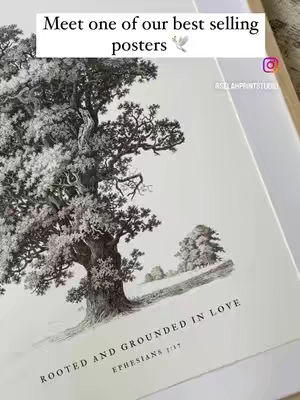 A black-and-white image of a tree with a quote overlaid on the bottom. The text is 'Rooted and grounded in Love' Ephesians 3:17.