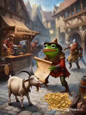 An image depicting a medieval market scene is illustrated, featuring a frog character in the foreground holding a scroll with 'XRP' inscribed on it. A goat is to the left, seemingly eating from the scroll. In the background, there are several buildings, and a few people stand around. Yellow coins are scattered on the ground. The artistic style is illustrative, with a fantasy aesthetic.