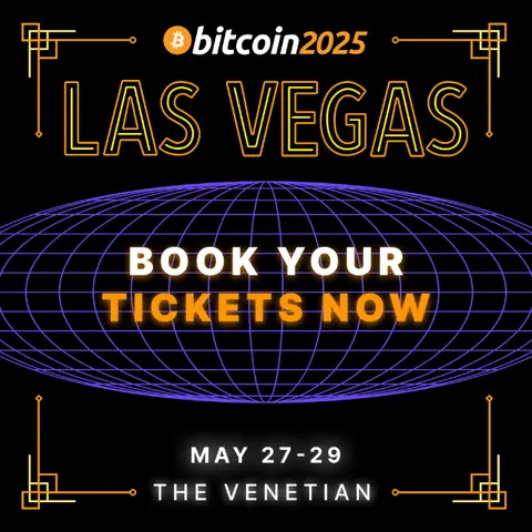 The image is designed as a promotional graphic for a Bitcoin event. Dominated by a black background, it features an eye-catching arrangement of text and graphic elements. The text 'Bitcoin 2025' is prominently displayed at the top within a stylized frame, with 'Las Vegas' in large, bold letters beneath, creating a sense of importance and scale. A stylized grid-patterned sphere in shades of purple and blue, dominates the center, serving as a backdrop for the call to action, with the text 'Book Your Tickets Now' prominently displayed in a contrasting color. The image's aesthetics are further enhanced by stylized frames and the use of orange and white text colours, set against a dark background.