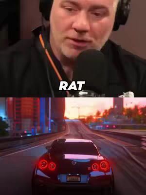 The video cover image is split into two sections. The top half shows a man speaking into a microphone, wearing headphones. The bottom half shows a car driving down a road at night. The word "RAT" is overlaid across the top half.
