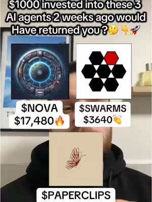The cover image is a selfie-style shot featuring a man in the foreground. Positioned centrally are overlaid images representing potential investments: a stylized circular graphic labeled '$NOVA,' a cluster of hexagonal shapes with one red segment marked '$SWARMS,' and a drawing of a butterfly labeled '$PAPERCLIPS.' Each image is below the text of their investment return. The man is framed from the chest up, with a dark hoodie and visible facial features. The background, partially visible, includes a picture and a wall, suggesting an interior setting. A text overlay at the top provides context as the video's hook.