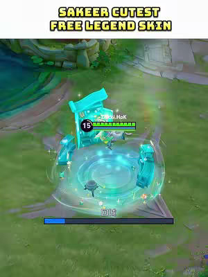 The cover image displays a video game scene with a central, glowing platform surrounded by teal architectural elements, set on a grassy background. Text overlays read 'Sakeer Cutest Free Legend Skin' in a bright yellow font, indicating a giveaway or reveal of a new game skin.