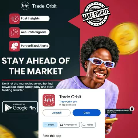 The image shows a smiling Black woman wearing glasses, centered on a screen displaying the Google Play Store page for "Trade Orbit". The woman is positioned against a background gradient that blends from dark gray to red, and the logo "Make Profits" is at the upper right, along with other app features and Google Play branding.