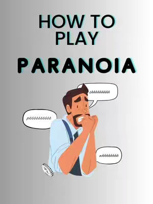The cover image features a cartoon illustration against a gradient gray background. The text overlay reads, 'HOW TO PLAY PARANOIA' with the title text in bold green with black outline. Below the text, there is an illustration of a man with a beard and a white shirt with a blue overall. He appears anxious, biting his fingernails while holding his hands to his face, with three speech bubbles next to him with "pssssssssss", "shhhhhhhhhh", and "mhhhhhhh" texts. A coin graphic sits beside him.