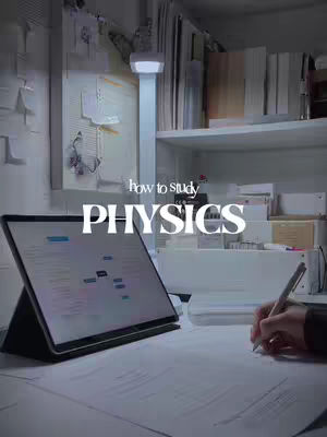 A dimly lit interior shot featuring a desk with a tablet displaying a mind map, a hand holding a pen, and sheets of paper. The words "how to study PHYSICS" are overlaid on the image. Shelves and other study materials are in the background.