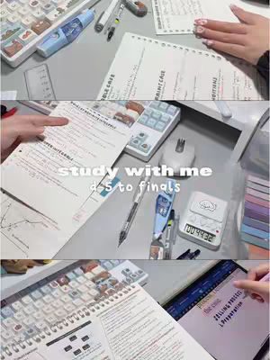 A multi-panel image showcasing a study setup. It features a desk with study materials such as papers, a keyboard, a calculator, a mouse, and pens. The top panel captures a hand with manicured nails near papers with notes. The middle panel shows the words "study with me" and "d-5 to finals" overlaid on the desk. The bottom panel displays a keyboard, papers, and a tablet.