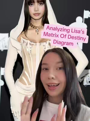 The cover image shows a woman analyzing a picture of Lisa, a member of the group Black Pink. The image consists of two key layers: a picture of Lisa, positioned on the upper portion of the background, and a selfie of the content creator in the center. The content creator is a woman with dark hair and directly faces the camera. Text over the image reads, "Analyzing Lisa's Matrix of Destiny Diagram."