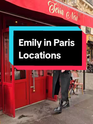 The cover image shows a street scene in front of a red building with a red awning. A person wearing a black long coat and boots is in front of the building. A blue rectangular title bar contrasts against the red backdrop, bearing the title 'Emily in Paris Locations' in white text.