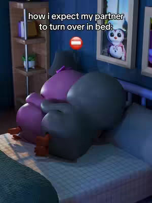 The cover image features an animation of two penguin-like figures, one purple and the other gray, cuddled together in bed. The purple character is on the left side, turned toward the gray character, which is angled slightly away. The scene is set in a bedroom, with a bed displaying a checkered pattern bedding underneath the penguins. A shelf, a mirror and a framed picture of a penguin can be seen in the background.