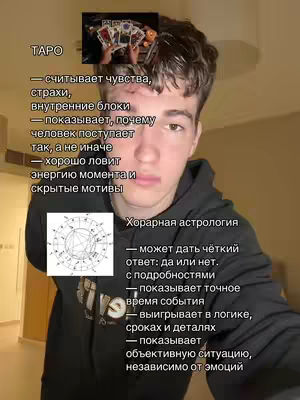 A medium shot features a young man in a black hoodie. Text appears on the left and the right side of the image. On top of the frame, there's a collage of tarot cards.