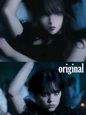 The image is a split screen. The top half features an AI-generated anime-style illustration of Wednesday Addams, with a soft, blurred background and a focus on her face, dark hair, and black attire. The bottom half presents a real image of Jenna Ortega as Wednesday Addams, with a clear focus on her upper body and face. The text overlayed on the middle of the bottom image reads in white letters: "original".