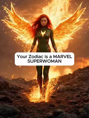 A digitally created image features a woman in a superhero-like costume. She stands centered, with a futuristic, form-fitting suit in shades of green and dark emerald. The suit has hints of gold detailing, notably on the chest. Dramatic orange-yellow wings, resembling flames, extend from her back, suggesting power. The background features a fiery, blurred environment with hints of rocks or a mountainous landscape. Text is added with a white rounded rectangle, that has the white text 'Your Zodiac is a MARVEL SUPERWOMAN'.