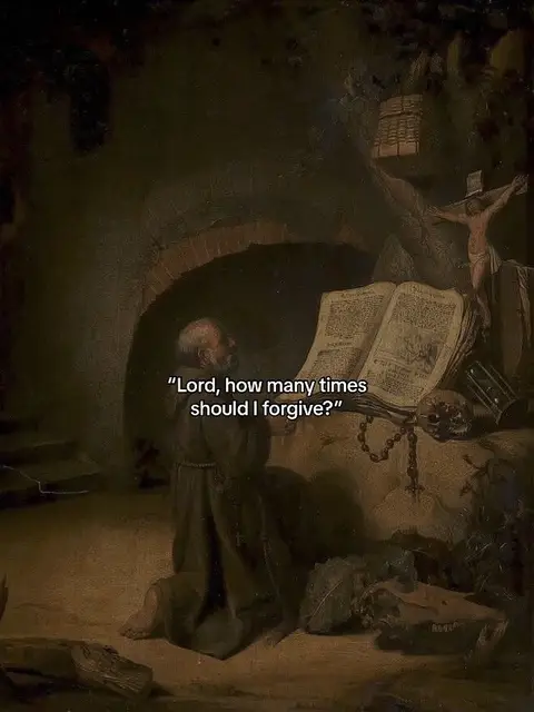 An older man kneels, head bowed, near an open book, with a skull and crucifix in the background; text questioning forgiveness is overlaid.