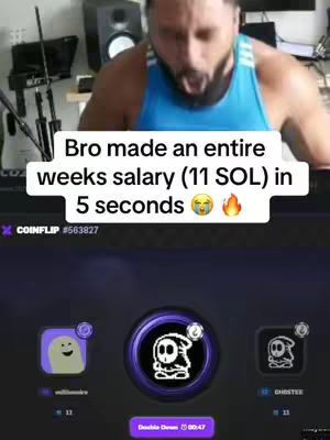A man with a beard is making an exaggerated reaction while holding up his arms. Text overlay: 'Bro made an entire weeks salary (11 SOL) in 5 seconds.' Below the text are emojis of a crying face and a fire. The bottom of the display shows an animated app interface.
