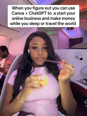 A woman in a pink outfit is seated in an airplane seat, holding a straw near her mouth, with an overlay of white text against a blurred background. Another person is partially visible in the background.