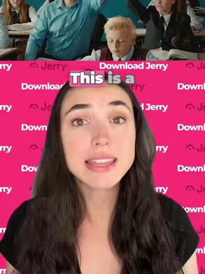 A woman in front of a pink Jerry app background, with top background of a classroom.