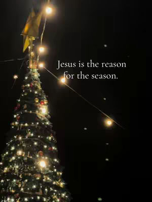 The cover image presents a Christmas tree lit with numerous points of light, set against a dark background. The text overlay reads "Jesus is the reason for the season."