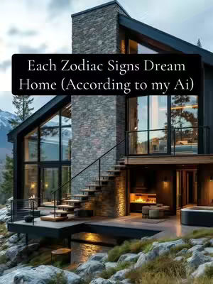 An architectural rendering of a modern home with a stone chimney and large windows that overlook a mountain scene. The home has a deck with a staircase leading down, and the structure sits among rocks and sparse vegetation. The sky is overcast.