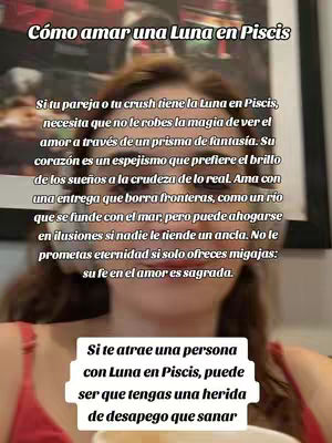 The image shows a woman's face in a selfie style, with text overlays. The background is soft-focused, with a red top clearly visible on the woman. Additionally there are two text areas describing how to love a Pisces moon and if you are attracted to a person with that moon.
