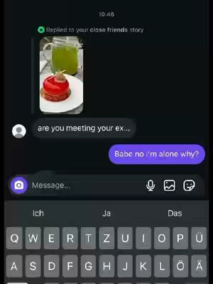 A screenshot of a phone conversation, with a picture of food. The background is solid black. An image of what appears to be a layered desert and a green drink behind it sits above the text bubbles. The conversation suggests drama.