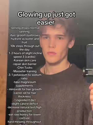 A young man stands in a mirror, with a list of self-improvement tips overlayed on the mirror.