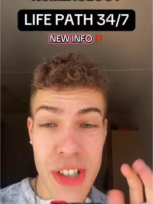 A selfie-style video cover featuring a young man with curly brown hair centered. He is looking at the camera and speaking. Above him is a black bar that reads 'LIFE PATH 34/7' in white text. Beneath it, 'NEW INFO !!' is written in red and pink.