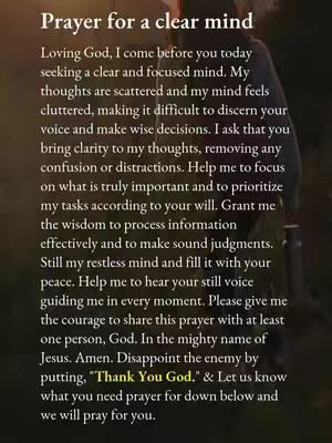 The cover image displays a written prayer on a blurred background. The text, centered, states: 'Prayer for a clear mind' followed by the prayer itself. The top portion is slightly darker, and the overall color scheme is soft and inviting.