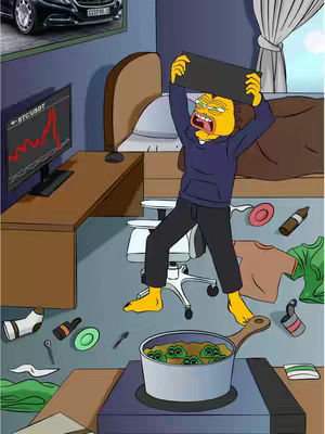 A cartoon-style image depicting a messy room with a man in distress. The man, drawn in a yellow cartoon style, is wearing a blue hoodie and black pants. He is standing barefoot, holding a laptop over his head in an expression of frustration or anger. The room is cluttered, showing an overturned chair, scattered clothes, a monitor displaying a graph with a red line, and a pot of green liquid on a hot plate. A framed picture of a car hangs on the wall. The color palette is muted, with a focus on blues, browns, and yellows.