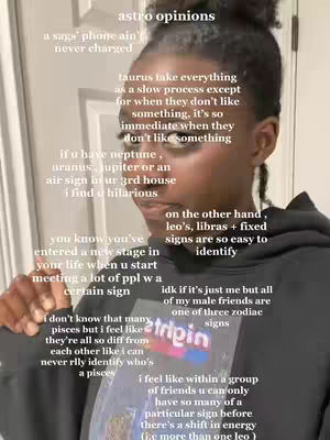 The cover image shows a young woman with dark hair pulled up, set against a neutral-colored door. She is holding up a phone with a design that reads 'tripin' on it, and overlaid on the image are text captions. The text appears to be a list of 'astro opinions'.