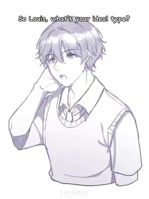 An anime-style illustration of a young man with light-colored hair, wearing a white vest over a collared shirt. He has a concerned expression, touching his face. A text overlay reads, 'So Louis, what's your ideal type?'