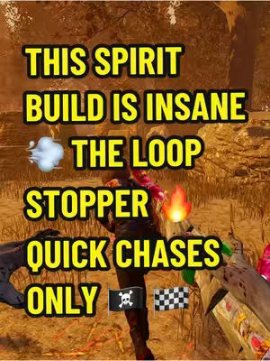 A cover image featuring a character from a video game. Text overlays describe a build and gameplay elements with graphics like a smoke puff and fire, set against a blurred, brown-toned background suggesting an environment. The scene suggests a chase or gameplay clip.