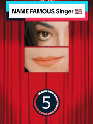 The image is a vertically oriented composition, featuring a red curtain background that creates a theatrical or stage-like setting. In the center of the image, a section of a face is displayed, with the top part of the frame showing the eyes, and below them, the mouth of a person. Above the face section a banner with the words "NAME FAMOUS Singer" and an American flag on a white background. At the bottom, there is a circular progress bar with numbers ticking down. The layout is symmetrical, and the colors are primarily red, white, black, and skin tones.