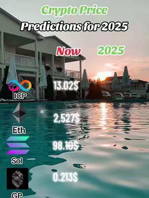 The cover image displays a sunset scene with a swimming pool in the foreground. In the center of the frame is a body of water, which has ripples and reflects warm, orange and yellow hues from the setting sun. The sky transitions from yellow to a soft orange. White umbrellas are visible, and the text overlay presents the title 'Crypto Price Predictions for 2025.' Cryptocurrency logos and current or projected prices float on the water's surface.