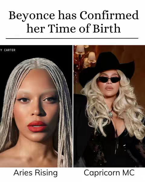 The image is split in half. On the left, a close-up of a person's face with white braided hair, light skin, and bright red lipstick is shown. The right half shows a person in a black hat and sunglasses, with blonde curly hair. Text at the top says "Beyoncé has Confirmed her Time of Birth". At the bottom, the words "Aries Rising" and "Capricorn MC" are shown, corresponding with each face.