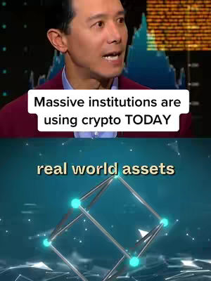The cover image is divided into two main sections. The top section features a man in a video interview setting, with his face and upper body visible against a blurred background with a stock chart. The bottom section presents an abstract, geometric design with glowing nodes, set against a teal background, the text 'real world assets' is also displayed.