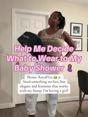 A woman stands in front of a white door, holding a black garment cover. Text overlays at the top and bottom, with the woman facing slightly to the side and looking up. She is wearing a tank top and sweatpants.