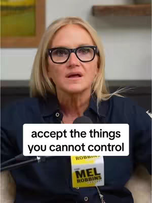 A medium shot features a woman with blonde hair and glasses, centered against a dark background. A white rectangular text box at the bottom displays the words "accept the things you cannot control".