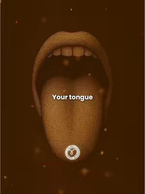 The image shows a detailed, realistic drawing of the interior of an open mouth, including the teeth, tongue, and inner mouth. The tongue is the main focus, and there's text overlaid describing it as a 'portal'. The mouth is depicted with a warm, brown palette, and there are faint, sparkling particles scattered around the image. A swirl design is centrally placed at the tip of the tongue. Brown background.