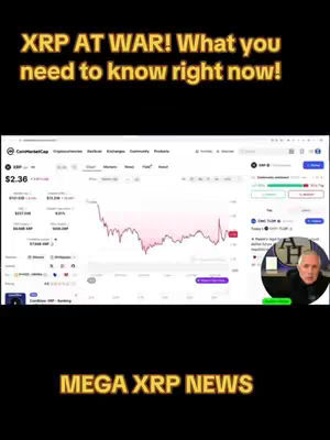 The cover image is vertically oriented and has a black background. The top section features white text stating, "XRP AT WAR! What you need to know right now!" Below this, a screenshot shows a stock chart with price fluctuations and a $2.36 XRP price. A small video frame in the bottom right corner shows the creator speaking, and the video is about XRP cryptocurrency. At the bottom, in gold text, it says "MEGA XRP NEWS".