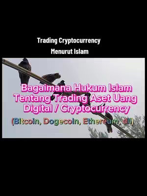 The image shows birds perched on a wire against a light blue sky. Text overlays describe cryptocurrency trading according to Islamic law. The text is in a bold, multi-colored font with a pink backdrop creating a clear visual distinction.