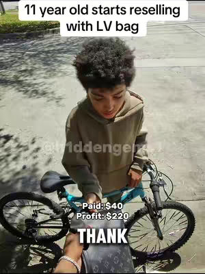 A young boy is the central subject, seen from a slightly high angle looking towards the viewer. He stands near a light blue and black bicycle, holding a black bag with a white accent. Above him, text overlays provide context about his reselling activities. Additional text indicates the amount he paid versus the profit earned, and a 'Thank' banner.