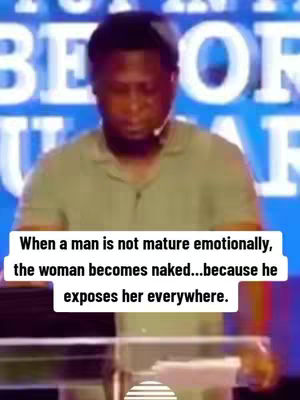 A man in a green shirt stands at a podium, looking down with a serious expression. Text overlayed suggests the video is about emotional maturity and relationships.