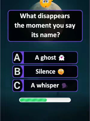 The image is a quiz question. It features a dark blue background with white text. A question is presented with three answer choices. At the top is a graphic that looks like a digital question mark with smiling emojis. A progress bar is at the bottom with green filling it.
