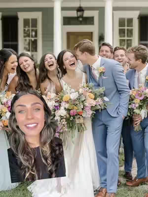 A split image featuring the creator's face overlaid on a wedding scene. The background shows a wedding party laughing in front of a house. In the foreground on the left, the creator, a woman with long hair, is visible in a small inset.